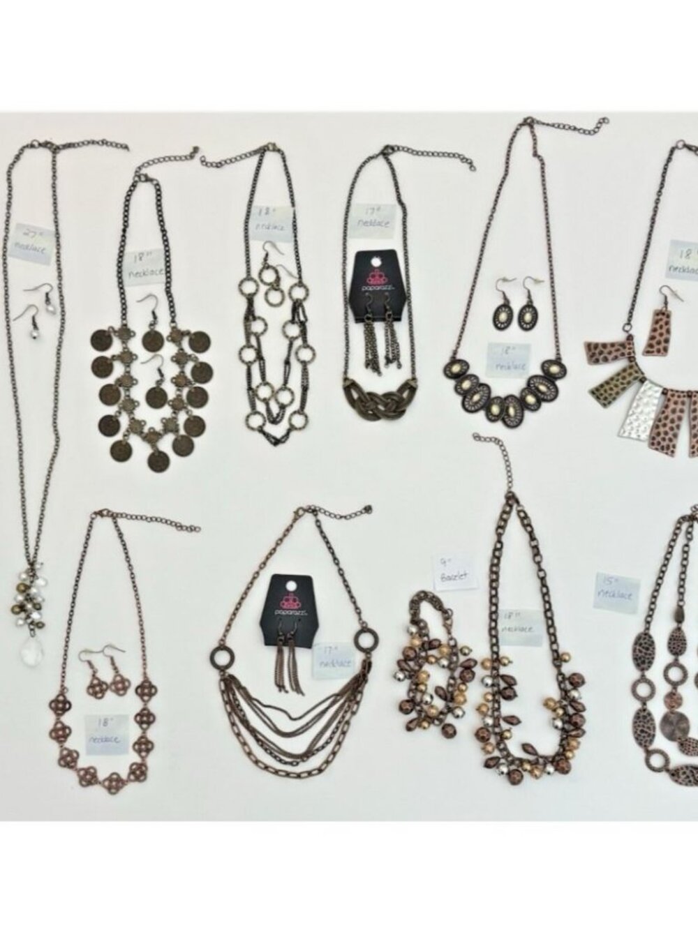 22 Pc Paparazzi Jewelry Lot Mixed Copper Brass Tone Necklaces Bracelets Earrings